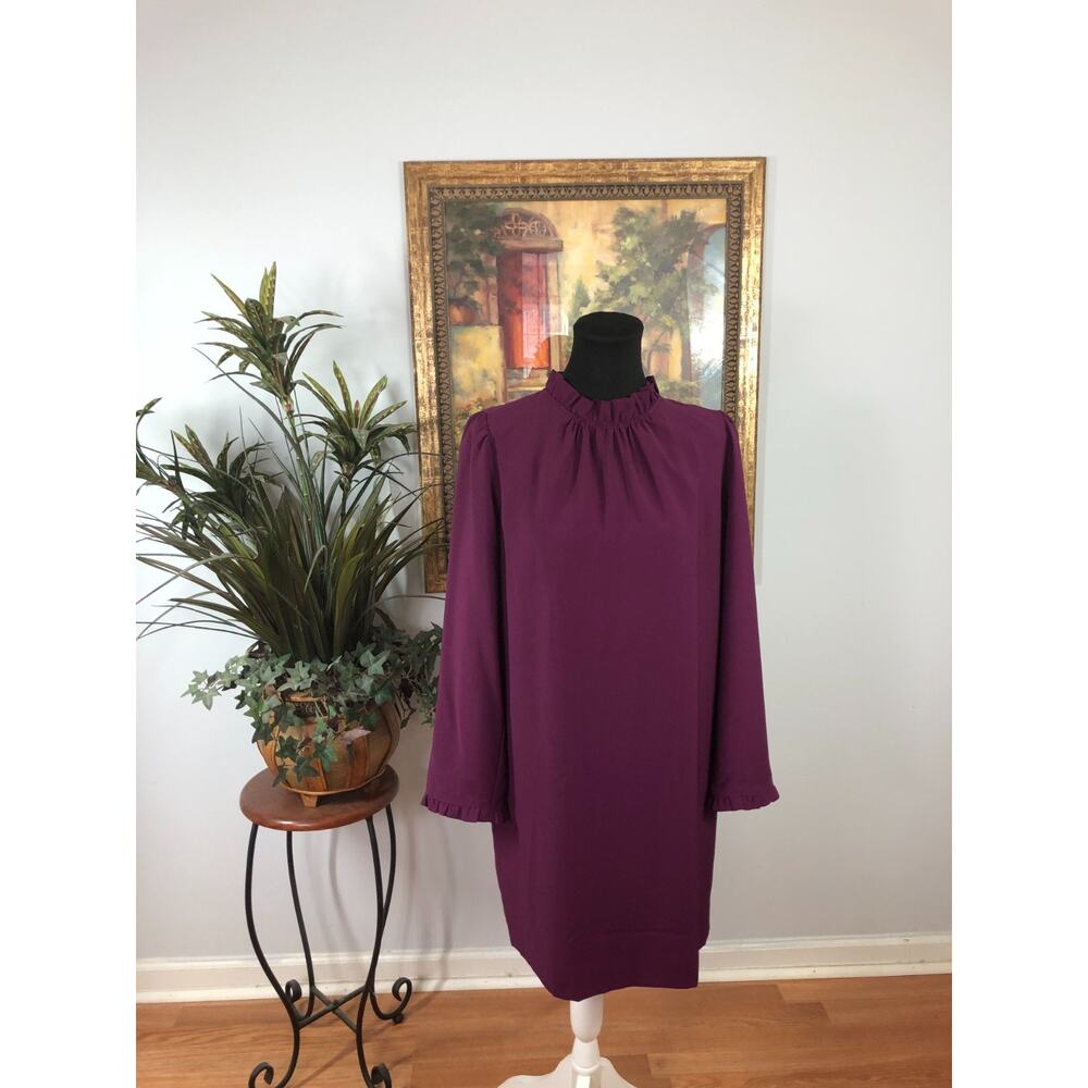 J.CREW Shift Dress Womens Size 4 Maroon Solid Elegant Party Ruffle Neck Back Zip